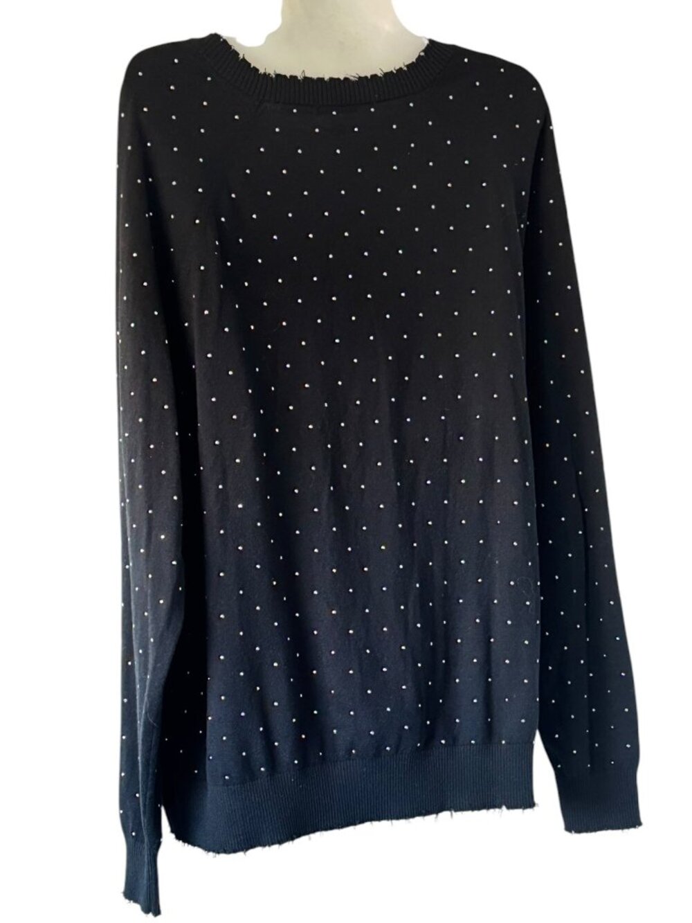 NEW MinnieRose Cashmere Sweater Frayed Edge Crew Black Silver Tone Beads Med - Picture 5 of 12
